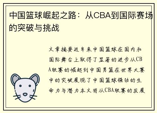 中国篮球崛起之路：从CBA到国际赛场的突破与挑战