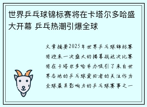 世界乒乓球锦标赛将在卡塔尔多哈盛大开幕 乒乓热潮引爆全球